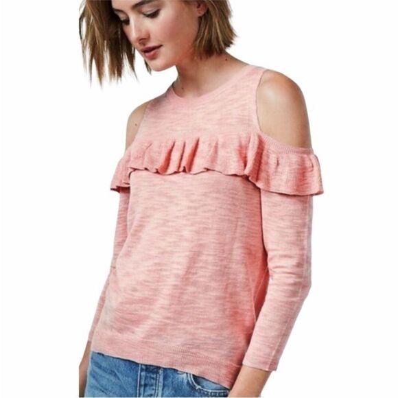 EXPRESS Pink Cold Shoulder Ruffle Sweater Top Coral 3/4 Sleeve Size Medium New - Picture 1 of 12
